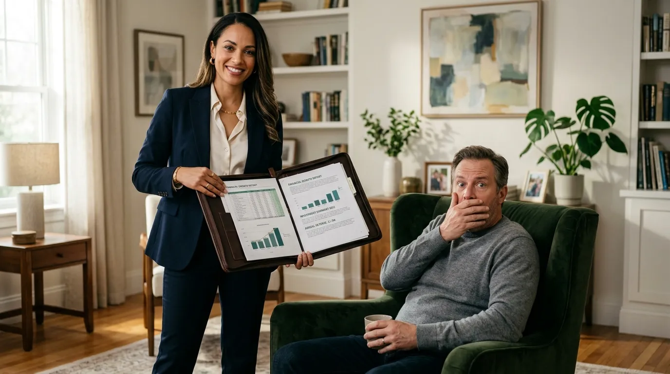 A confident woman showing financial documents to a shocked man in a warm living room