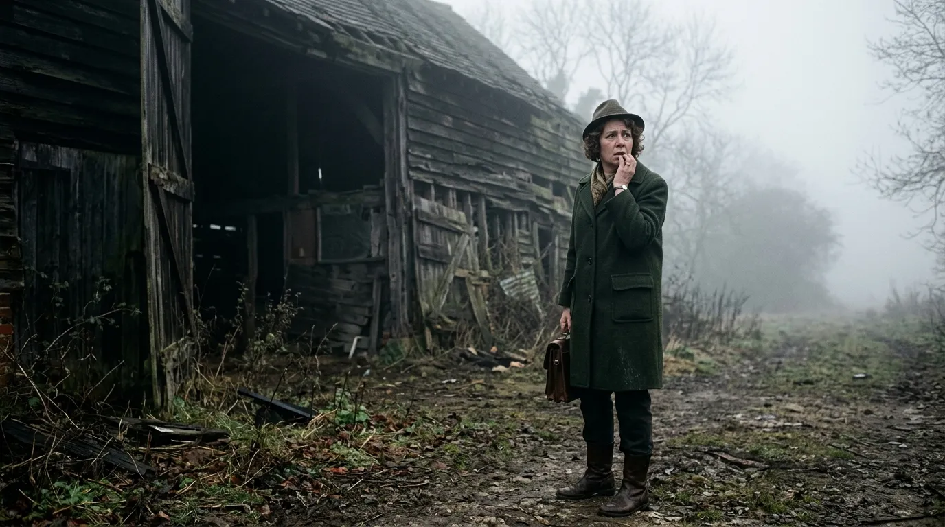 A 1960s social worker standing in a dense, unnatural fog near the abandoned property.