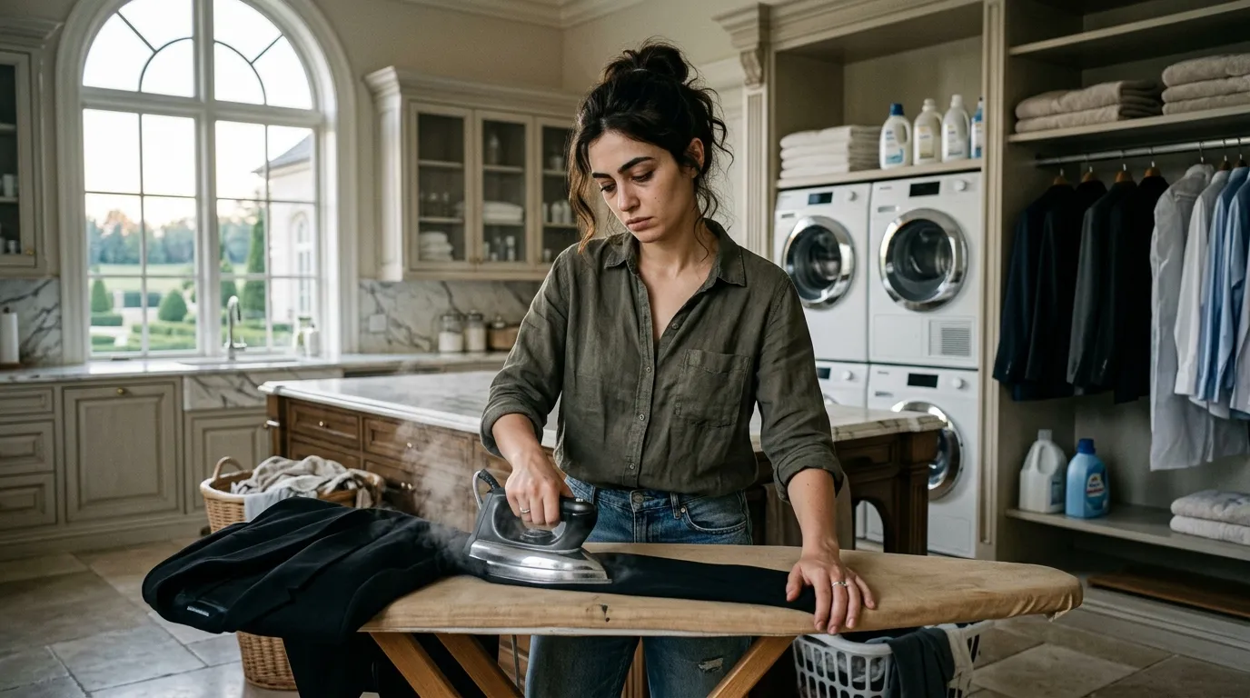 Exhausted young woman ironing a tuxedo in a luxury laundry room