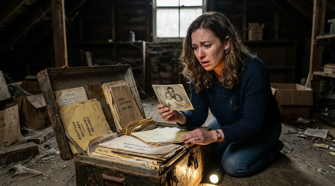 Woman finding hidden trust fund documents in an old attic trunk