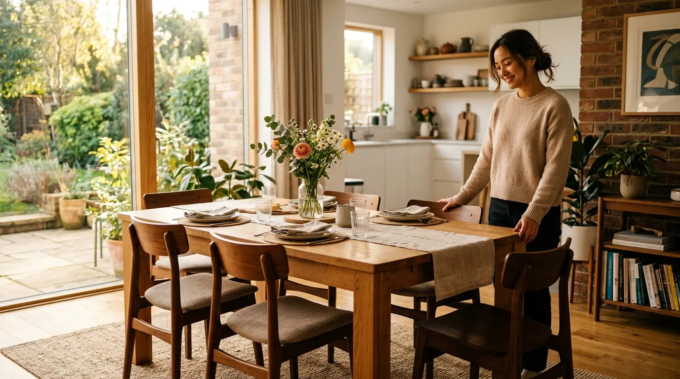 Woman smiling by a beautiful wooden dining table with one empty chair