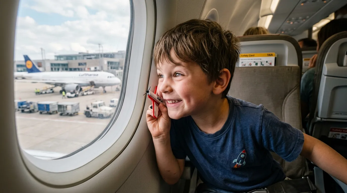 Young boy holding a toy airplane looking excitedly out of an airplane window