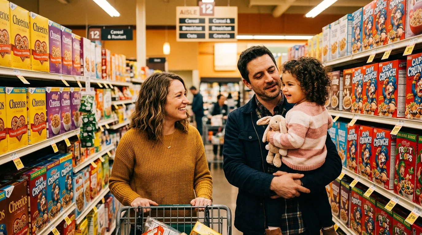 A smiling young woman looking warmly at a toddler held by an exhausted but handsome father in a grocery store aisle.