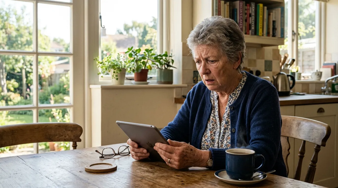 An older woman sitting at a kitchen table looking shocked at her tablet screen