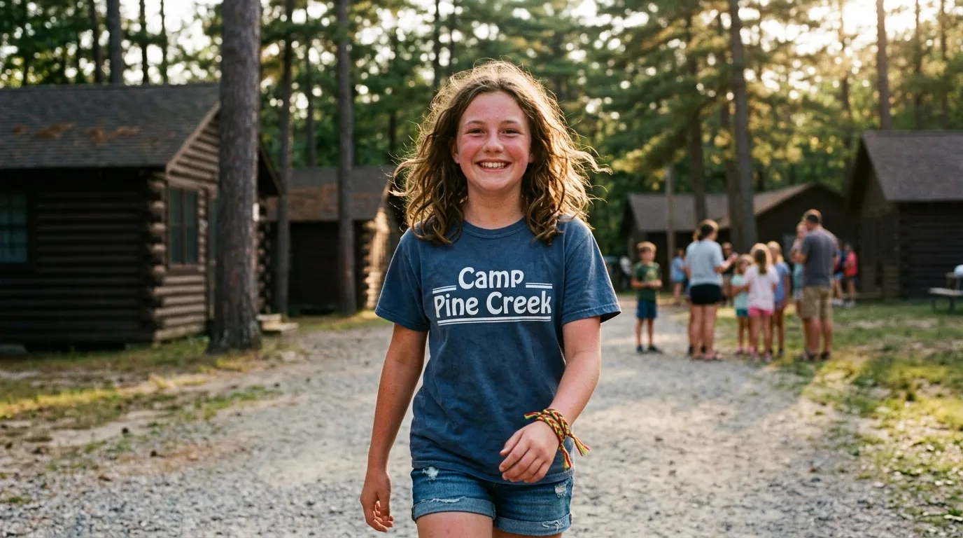 A 13-year-old girl smiling happily at a summer camp wearing a woven bracelet
