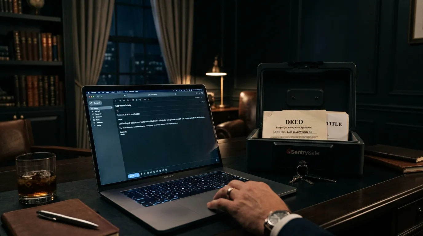 A laptop on a dark desk displaying an email to sell a house, sitting next to a fireproof lockbox and property deed.