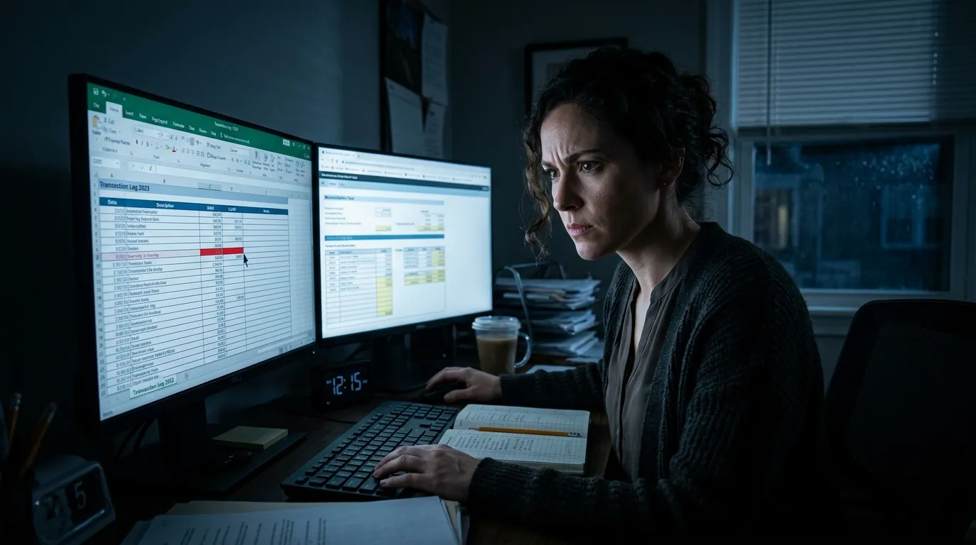 A woman working late at night in a dark home office, analyzing financial spreadsheets on a computer screen.
