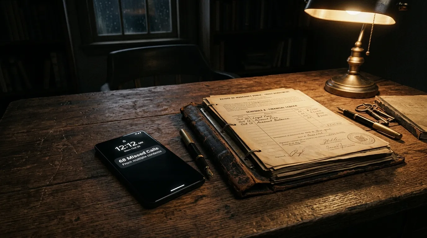 A smartphone displaying missed calls next to heavy legal files on a desk
