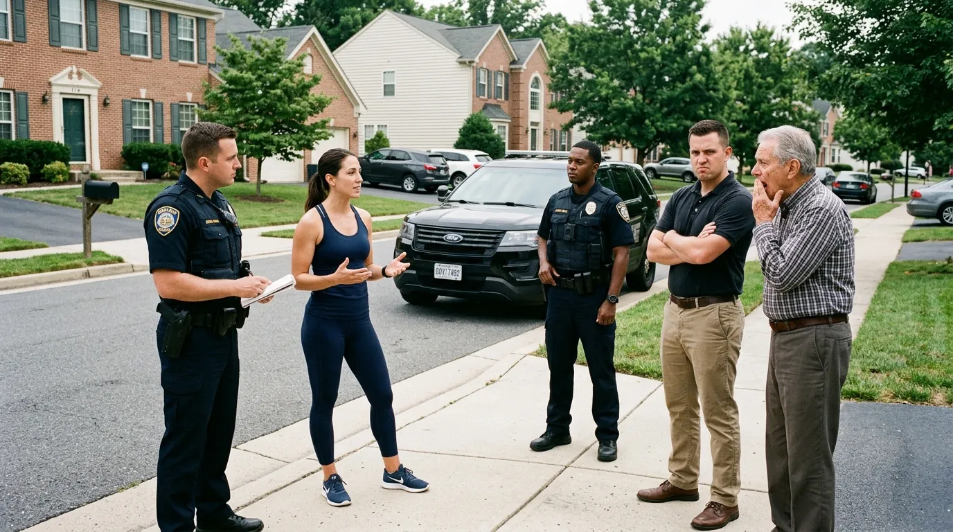 Two police officers taking statements on a suburban street. A calm woman with dark hair speaks to one officer, while an arrogant man and his father look on in shock. A dark government SUV approaches in the background.
