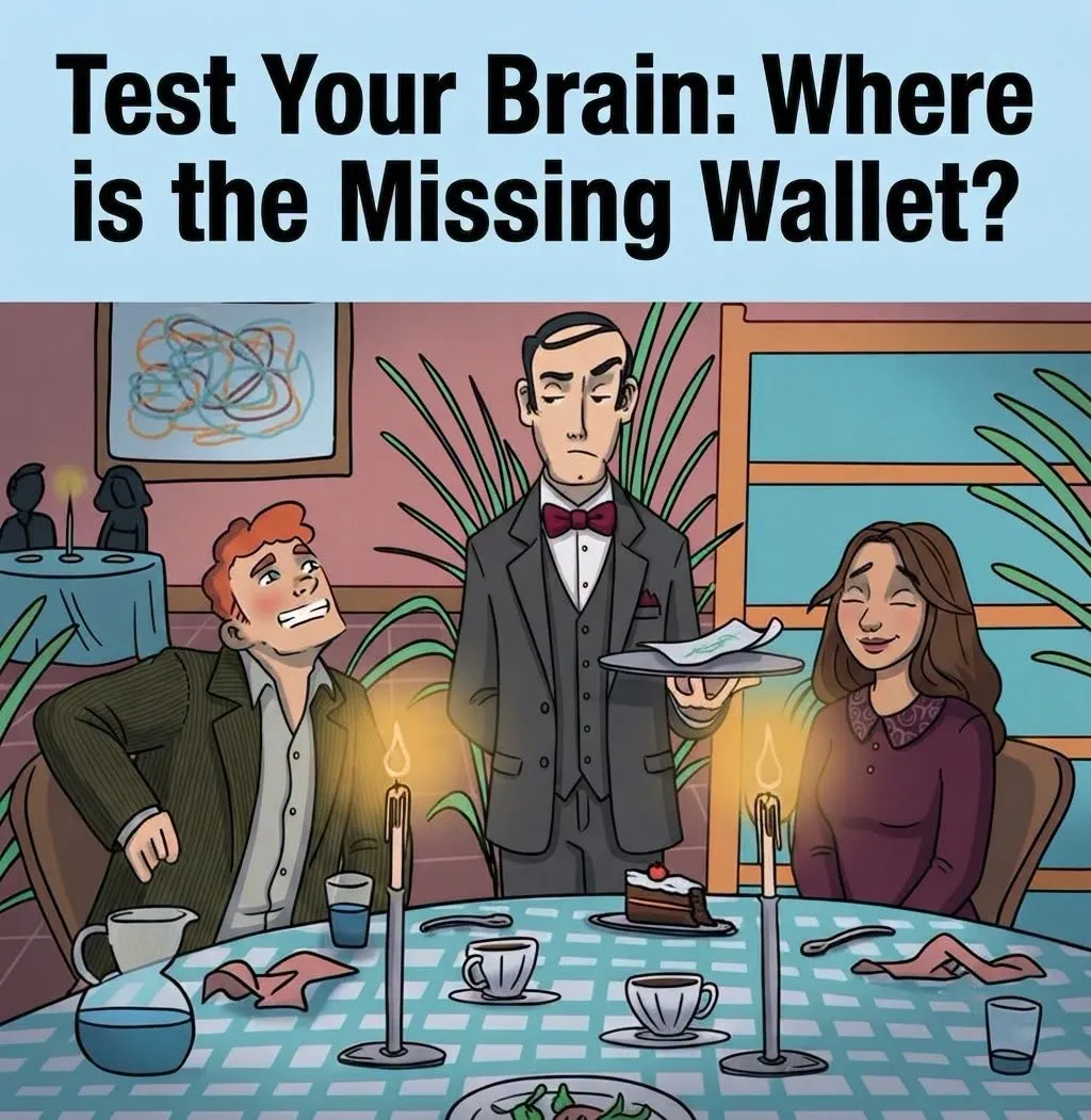 Illustration of a couple at a restaurant where the man cannot find his wallet to pay the bill