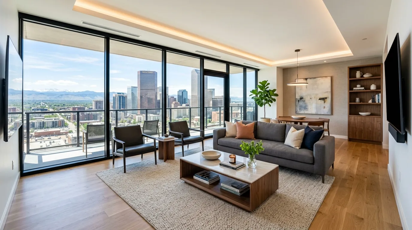 A beautifully renovated modern living room in a luxury high-rise condo, featuring large windows, sleek furniture, and warm lighting.