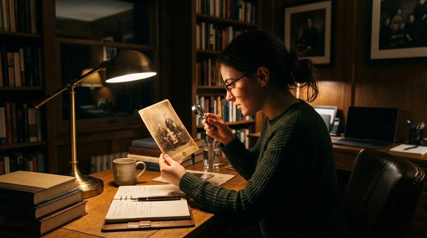 A person in a dimly lit modern study examining the 1872 Victorian photograph under a desk lamp.