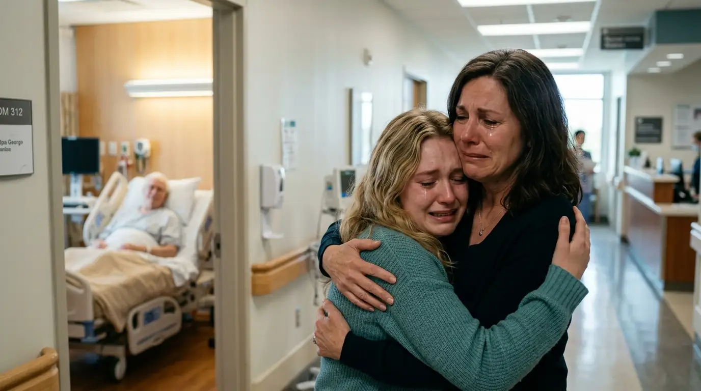 A mother fiercely hugging her crying daughter in a bright hospital hallway