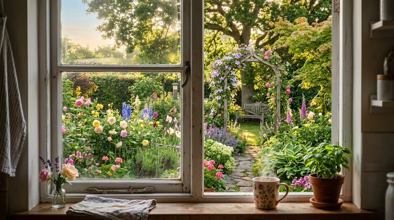 A peaceful view of a lush morning garden seen through a window