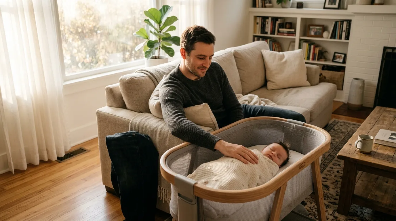 Peaceful morning light filling a living room as a father rests his hand on his sleeping baby