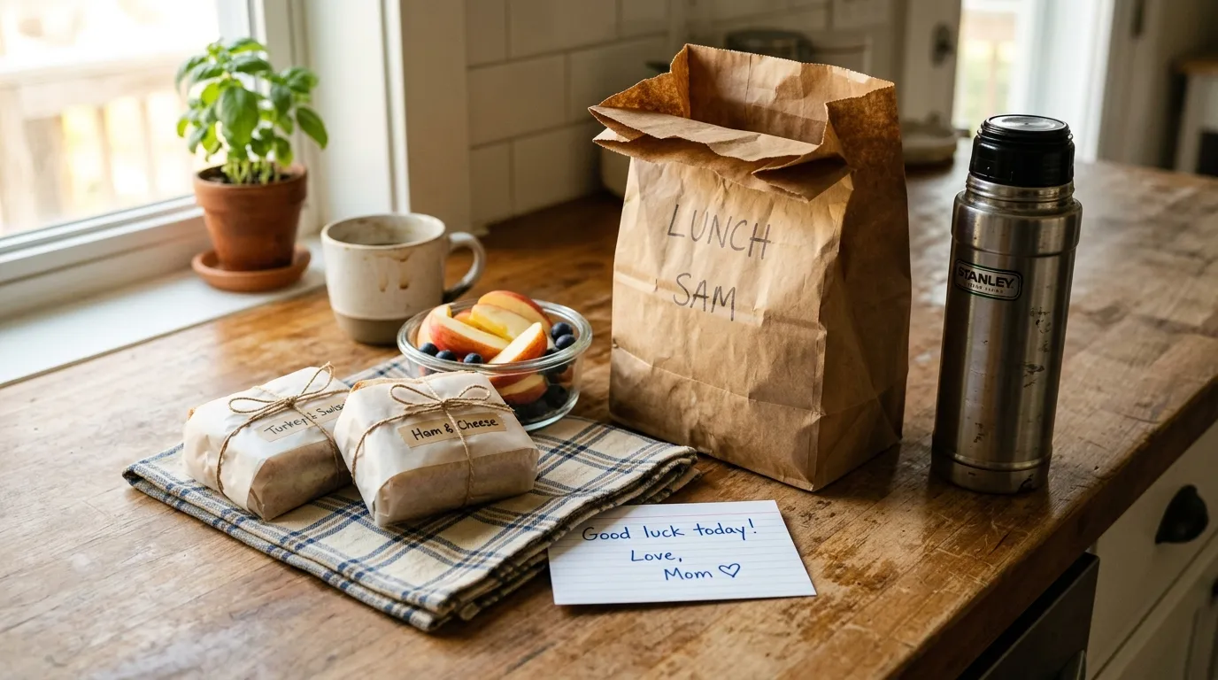 A brown paper lunch bag on a kitchen counter with sandwiches, apple slices, coffee, and a handwritten note.