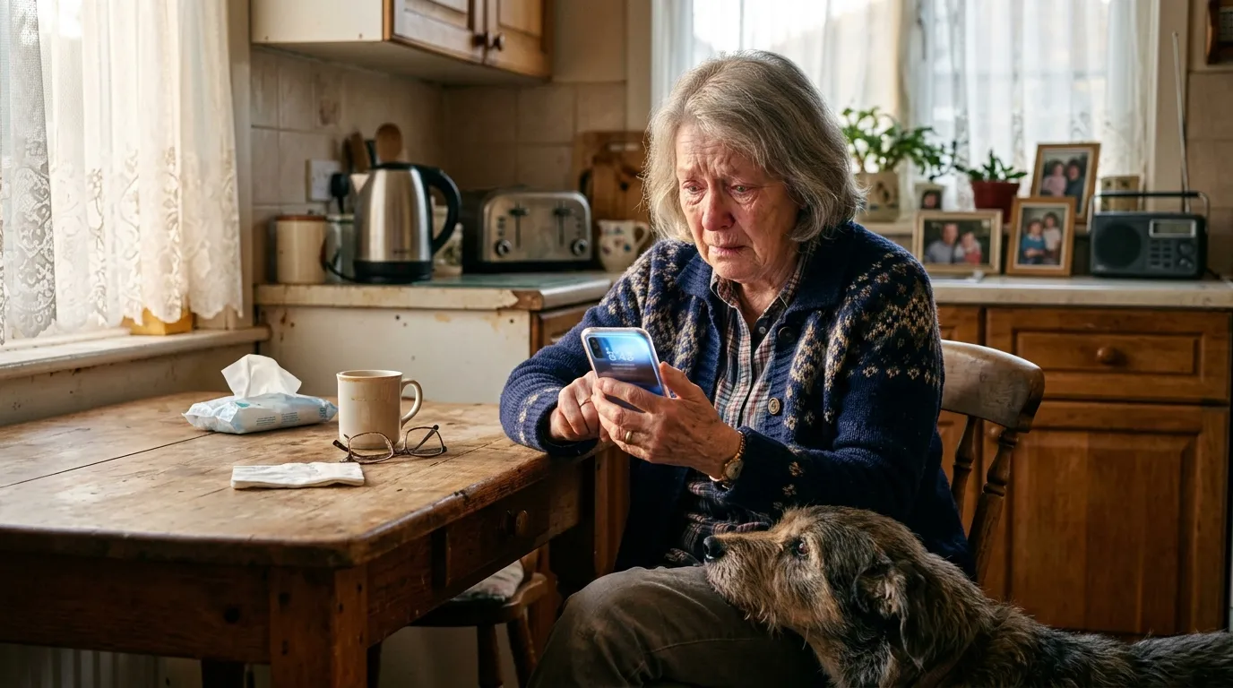 An older woman sitting at a kitchen table looking at her phone while a dog rests its head on her knee