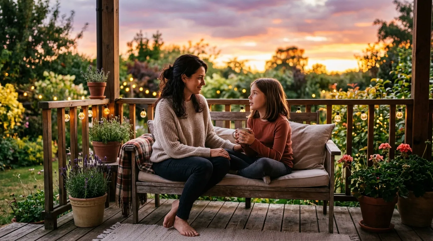 A calm woman with dark hair and her 11-year-old daughter sitting together on a serene backyard porch at sunset, having a quiet and meaningful conversation.