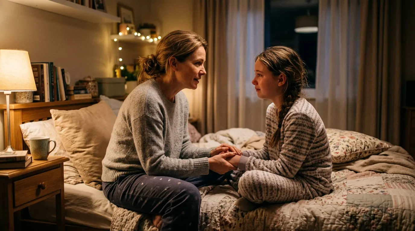 A mother and daughter having an emotional heart-to-heart conversation in a bedroom