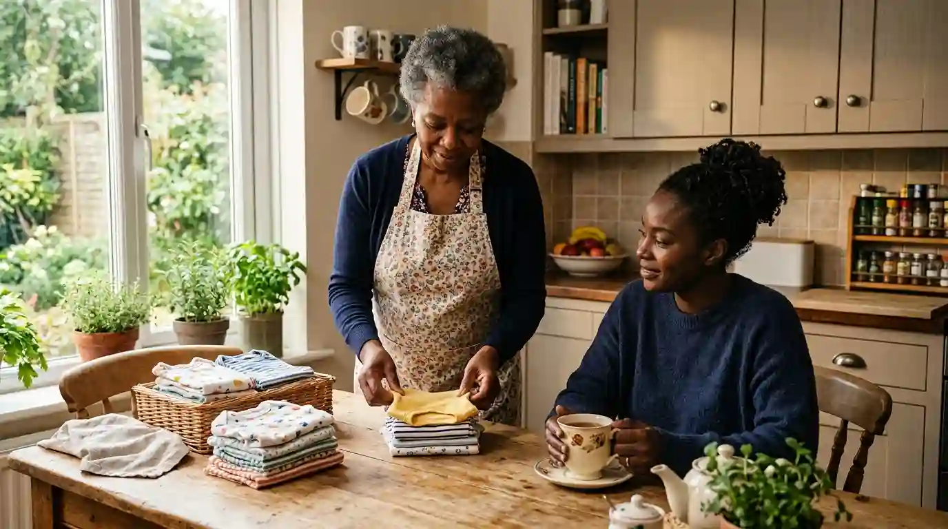 Older mother helping her daughter fold baby clothes in a sunny kitchen