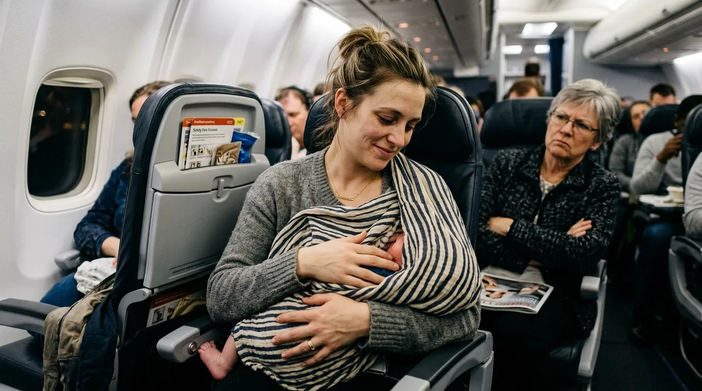 A tired mother discreetly nursing her baby on an airplane while the woman next to her looks annoyed