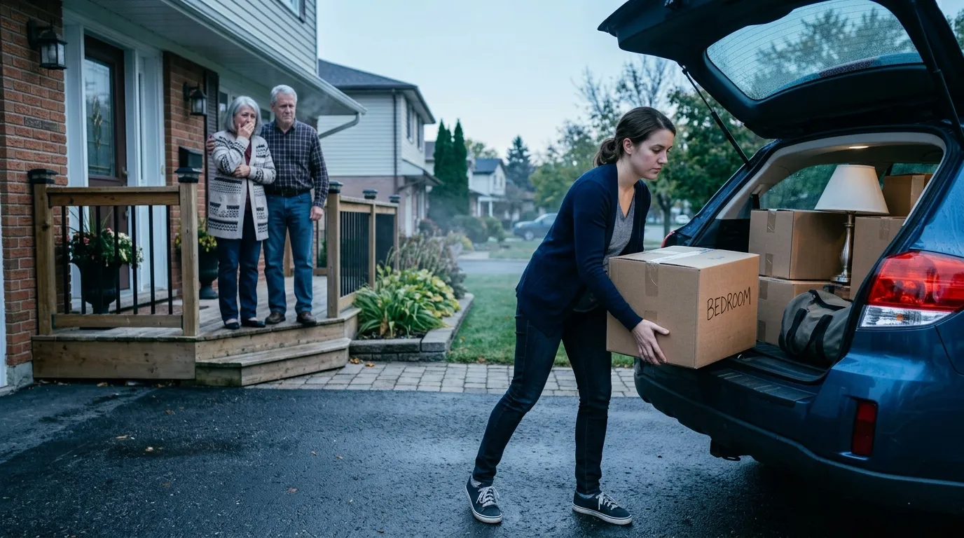 Young woman putting a moving box into her car while upset parents watch from the porch