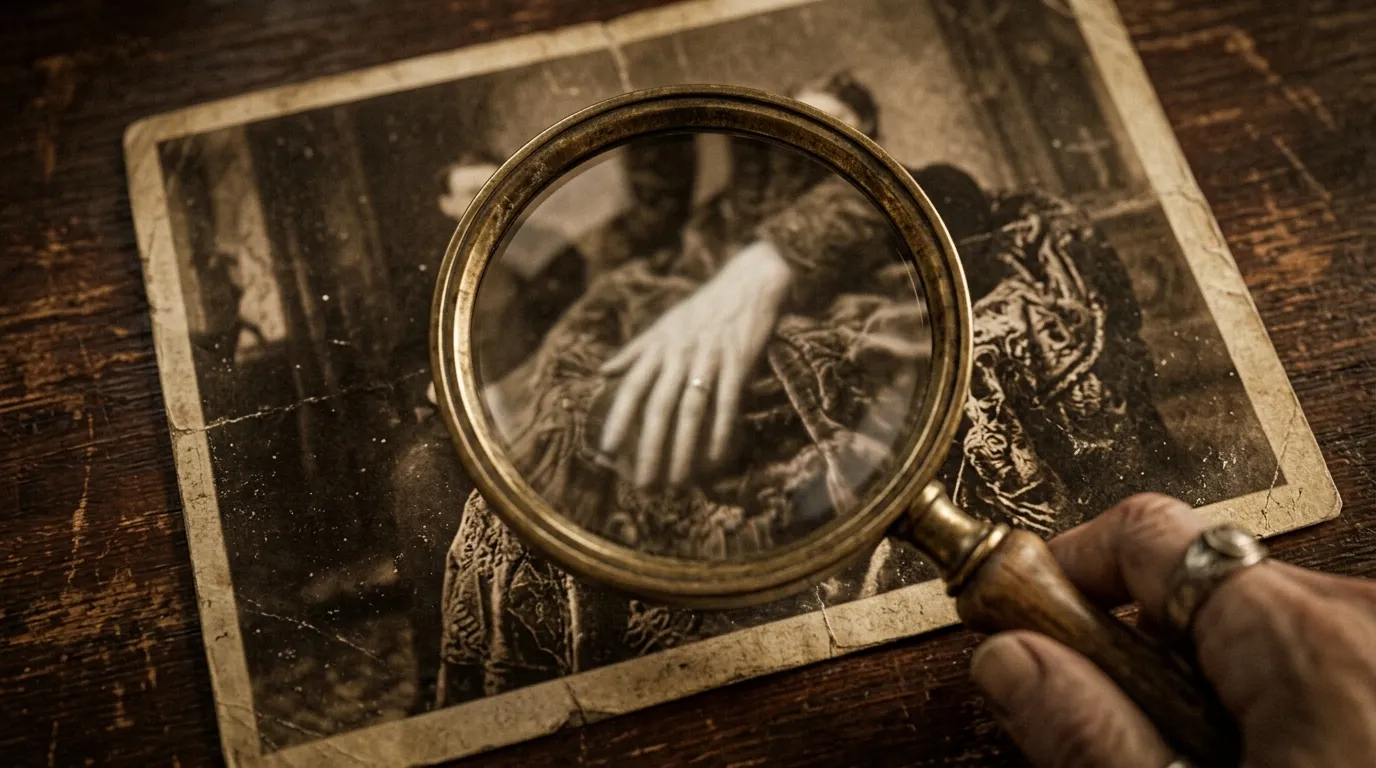 An extreme close-up of the vintage photo with a magnifying glass hovering over the extra hand.