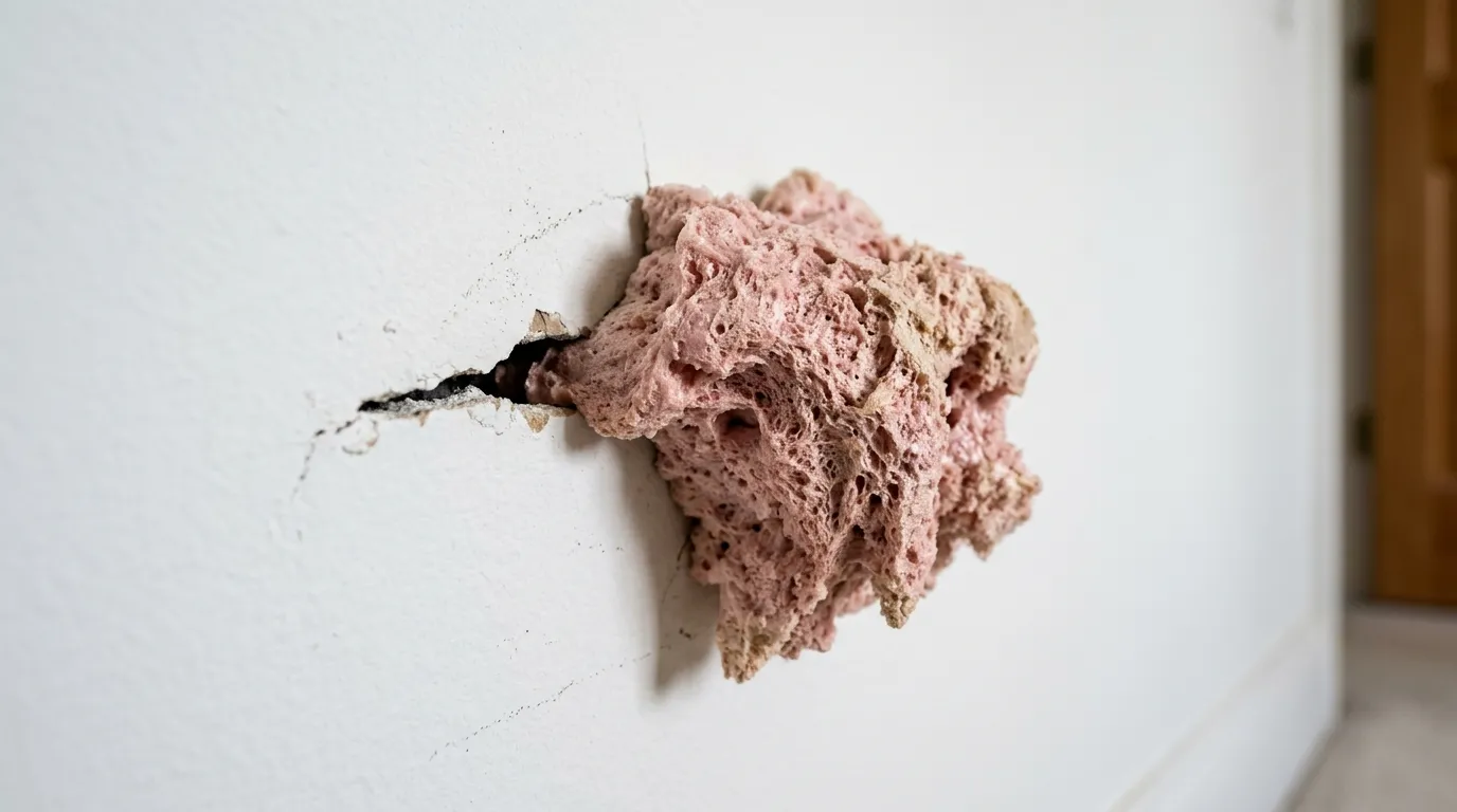 A mysterious, pink, foam-like substance protruding from a crack in white drywall