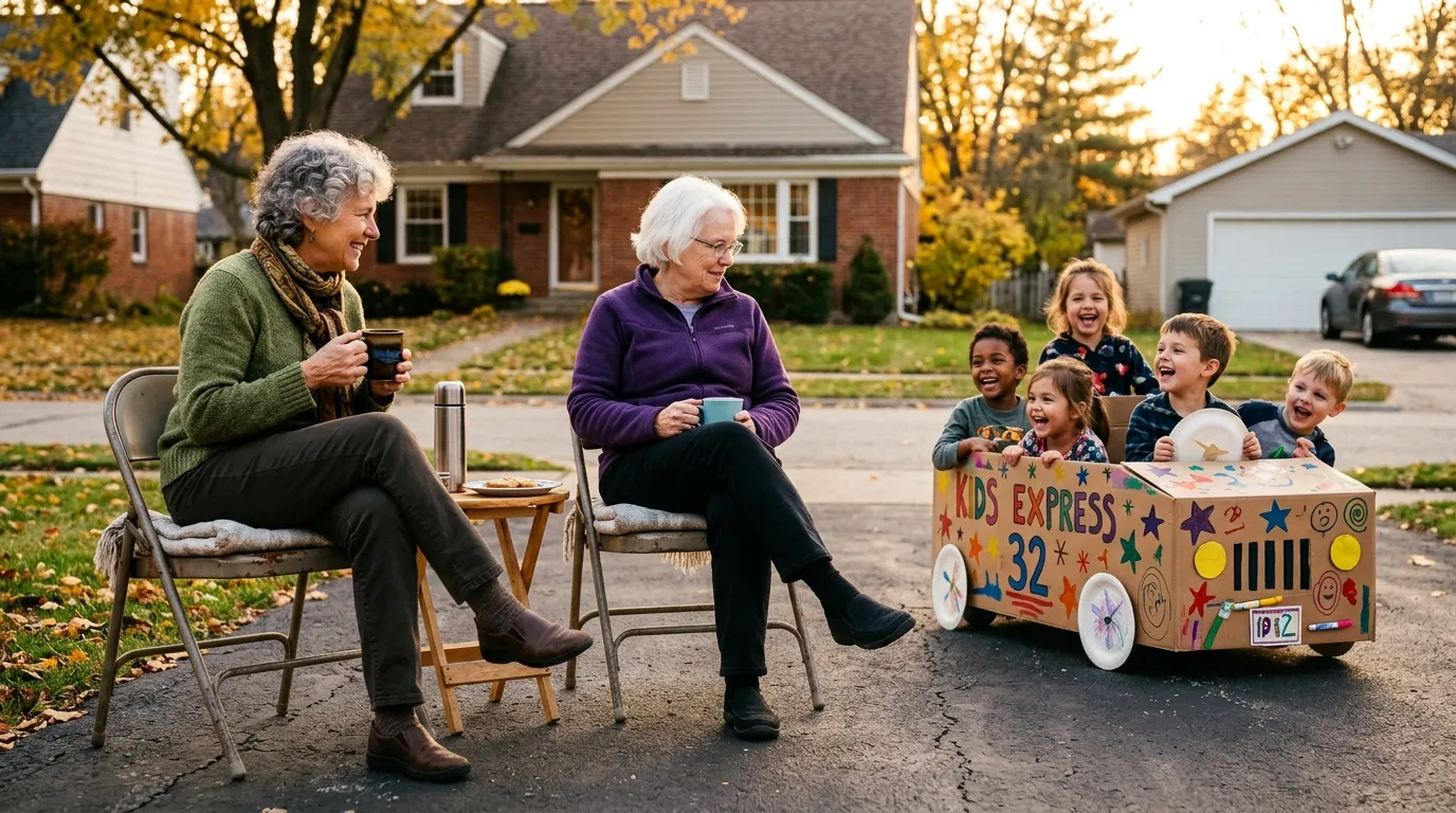 Two older women sitting in a driveway watching kids play