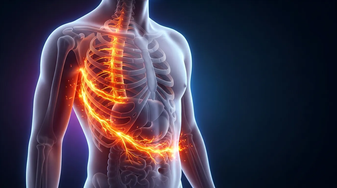 3D illustration of a glowing nerve pathway under human skin showing nerve pain
