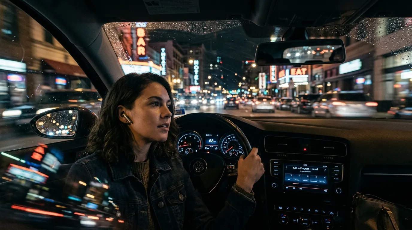 Woman driving at night making a serious phone call