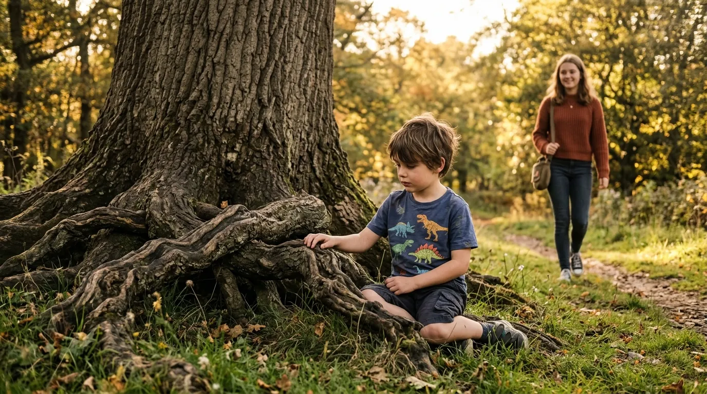 A young boy sitting quietly under a massive oak tree, studying the intricate roots.