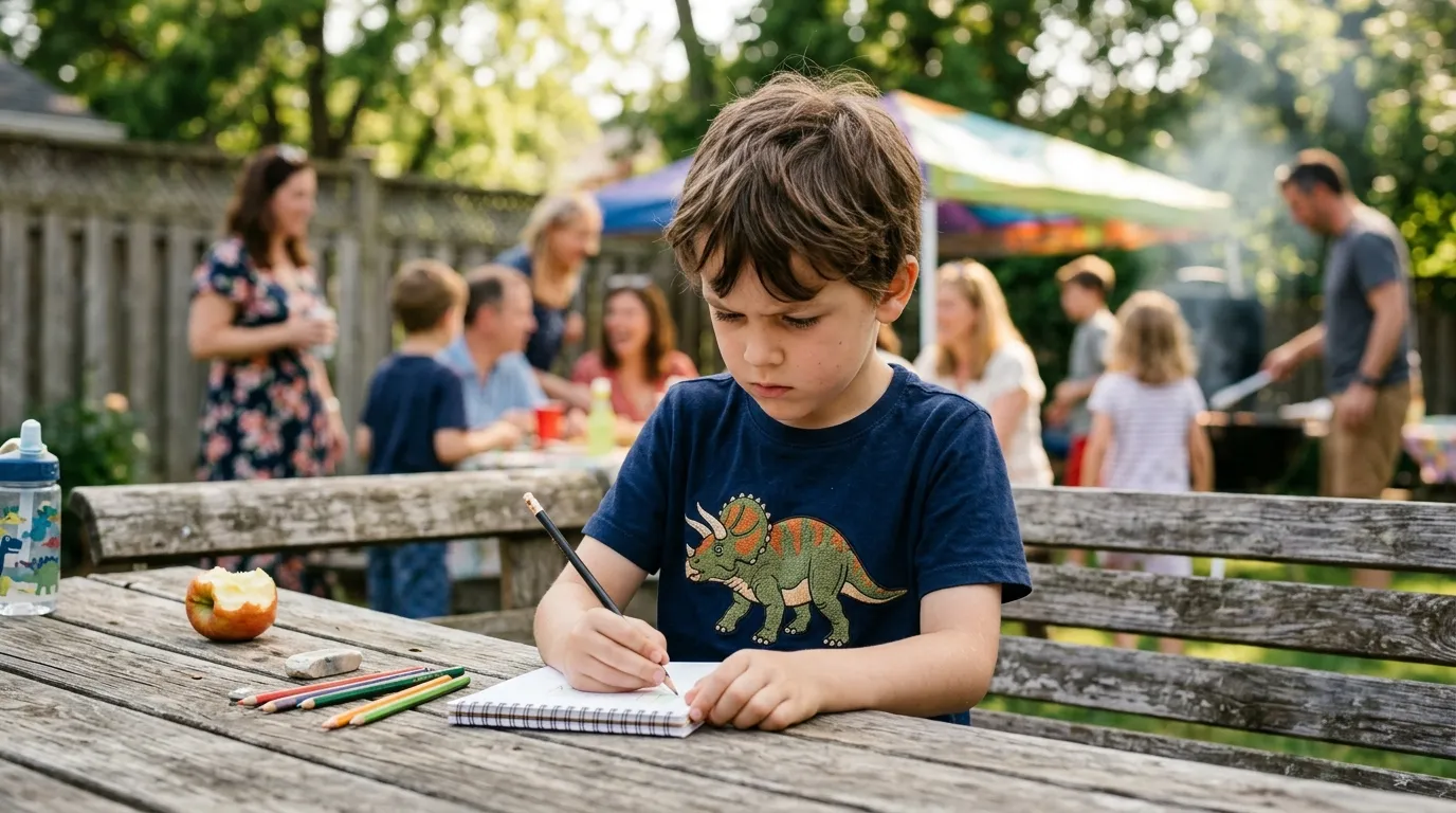 An eight-year-old boy in a navy blue Triceratops shirt sitting carefully at a wooden picnic table.