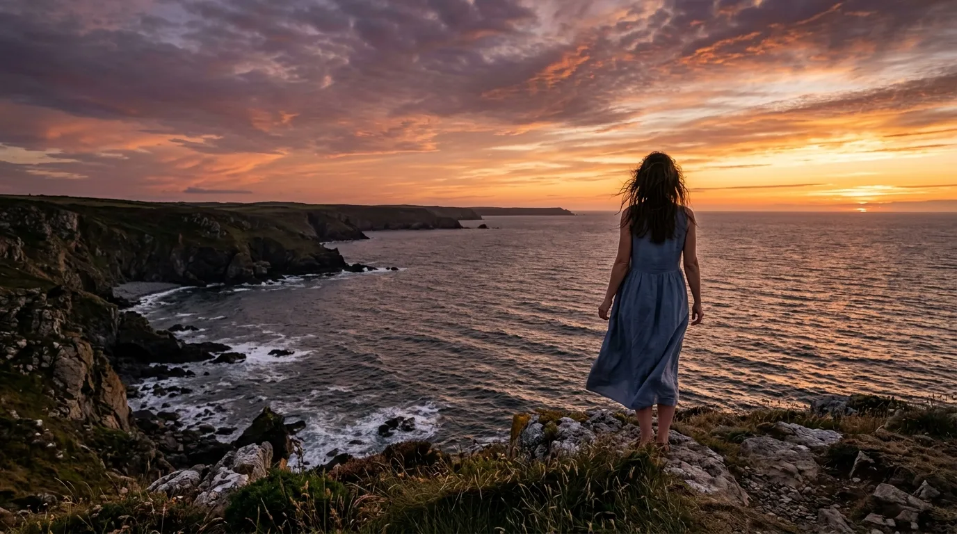 A woman standing alone on a cliff looking out at the ocean during a vibrant sunset