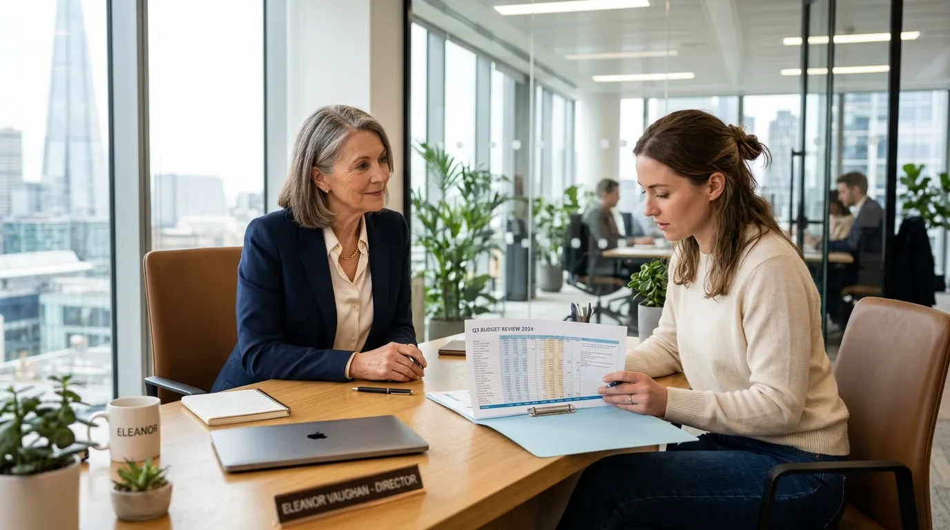 A mother and daughter sit across a desk looking at a budget spreadsheet in a modern office.