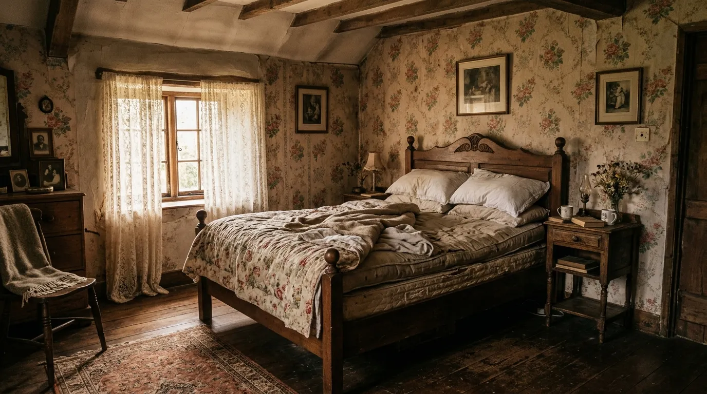 An old, visibly sagging mattress in a rustic country house bedroom
