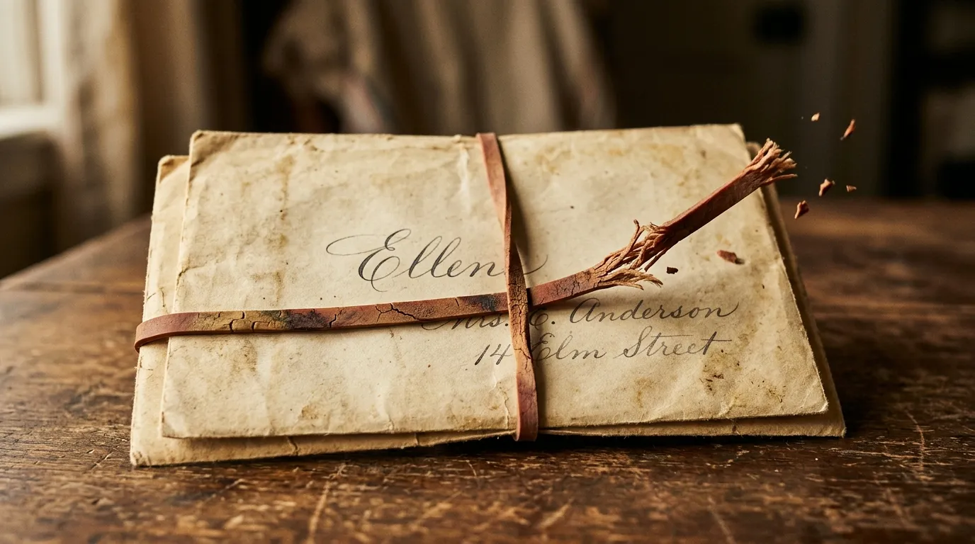Old envelopes tied with a snapping rubber band