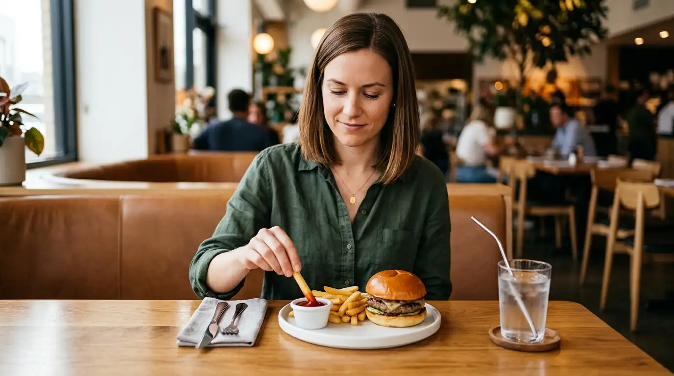 Organized woman carefully dipping a single french fry into a side container of ketchup