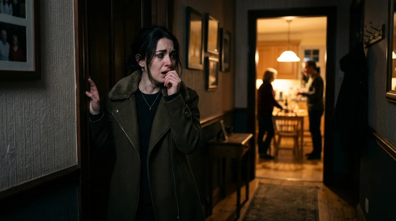 A young woman standing in a shadowy hallway, looking shocked as she overhears a conversation from the brightly lit kitchen.