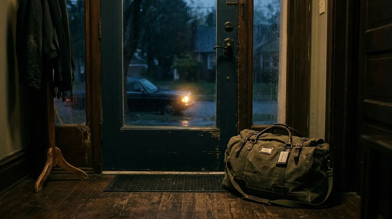 A green duffel bag packed and sitting by the front door
