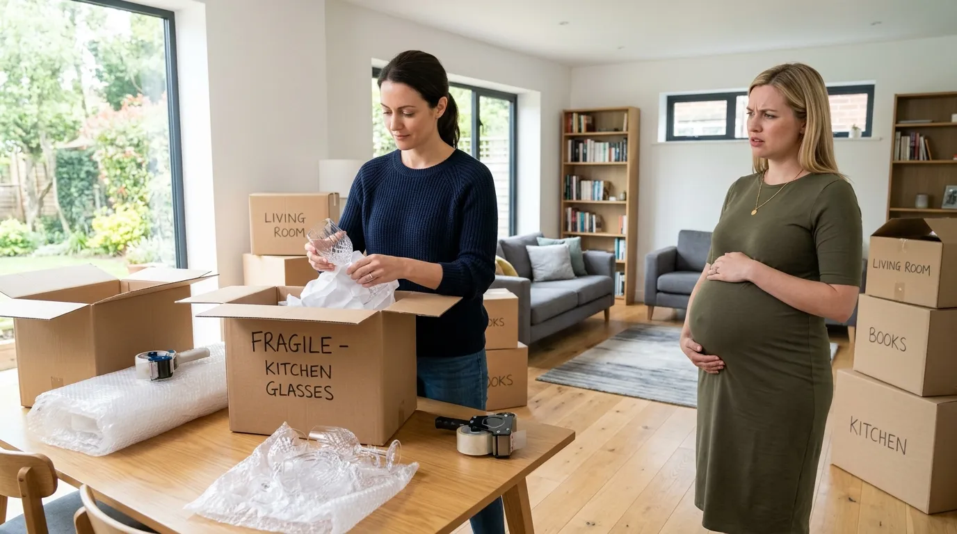 A confident woman packing glasses into moving boxes while a pregnant woman watches with confusion.
