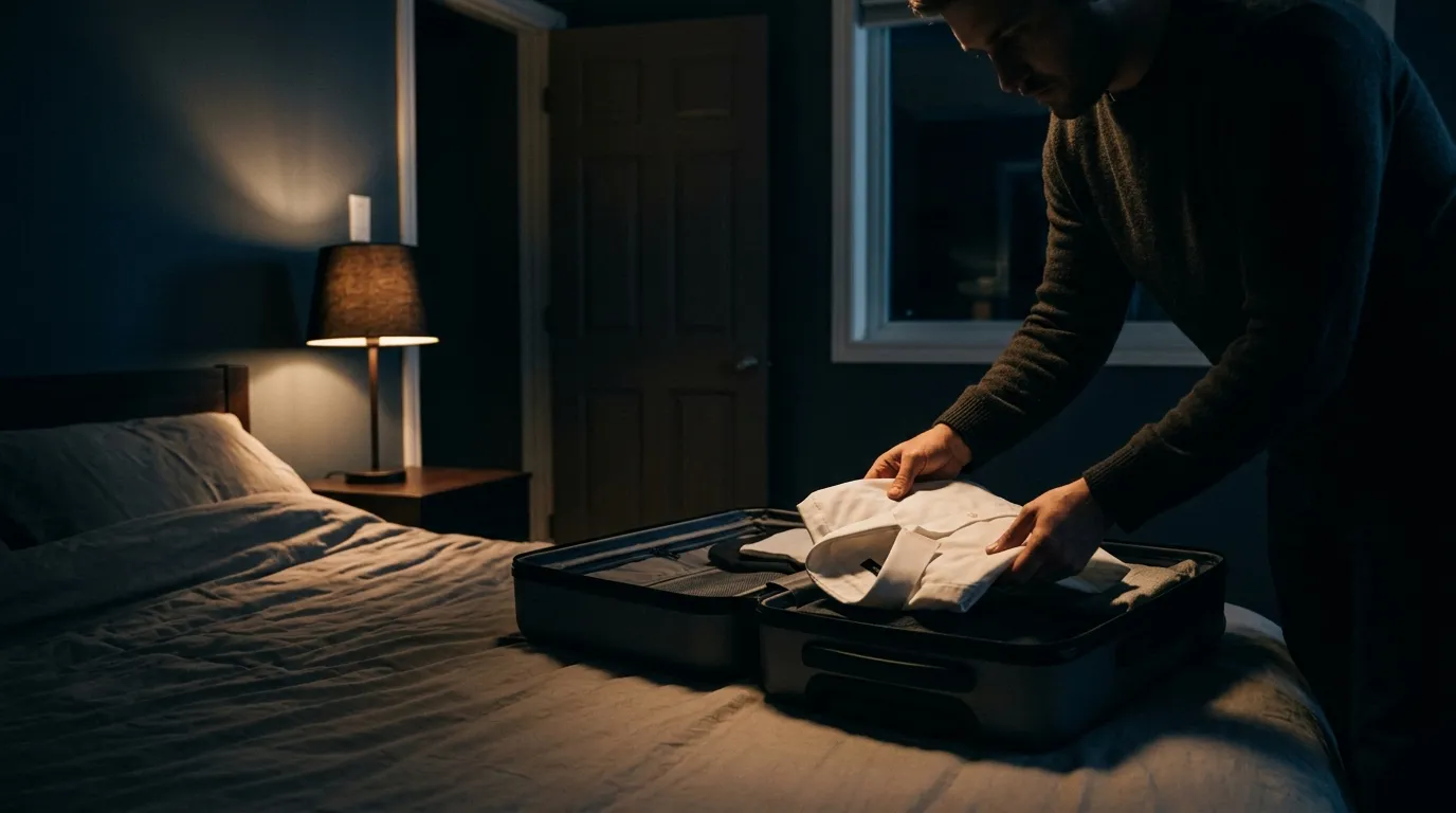 A man packing a carry-on suitcase in a dimly lit bedroom