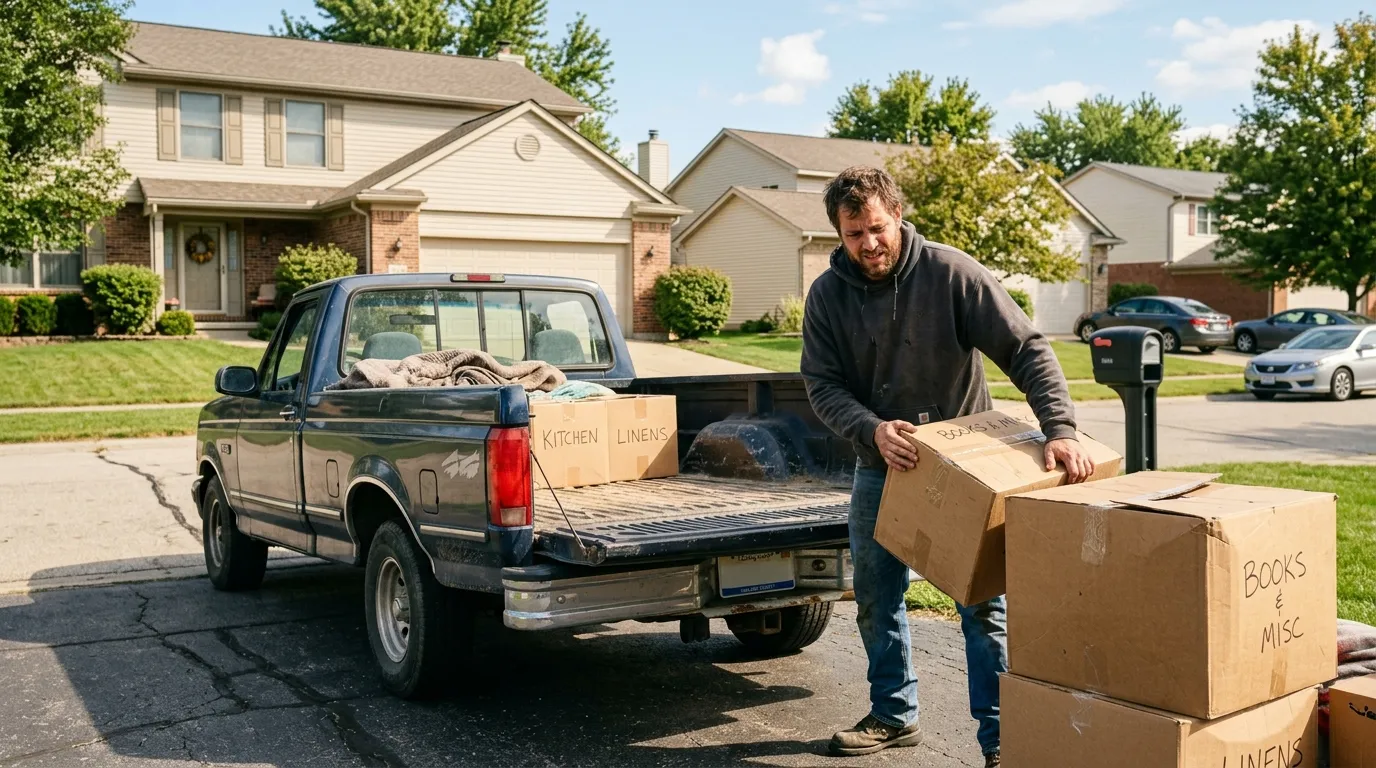 A young man loading boxes into a pickup truck in a driveway.