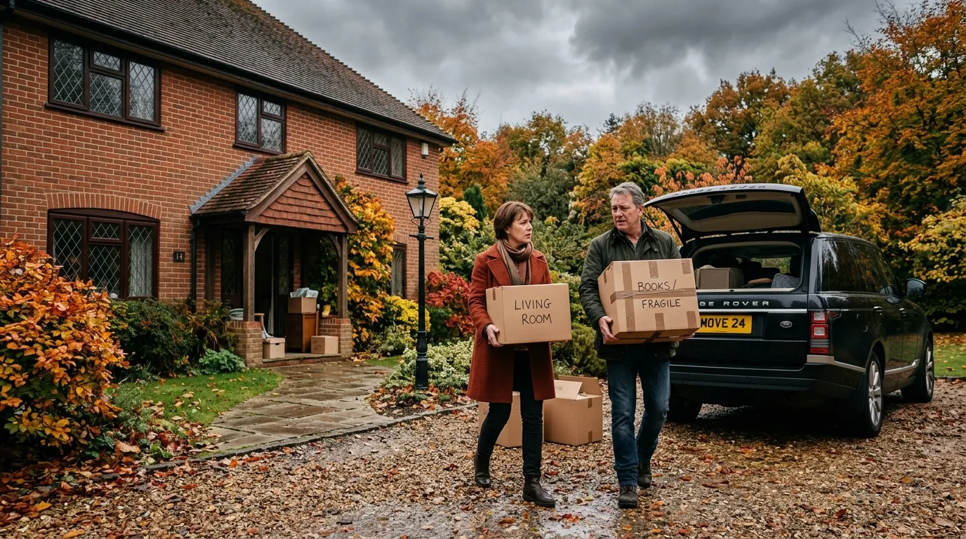 A couple carrying moving boxes to their car outside a brick house