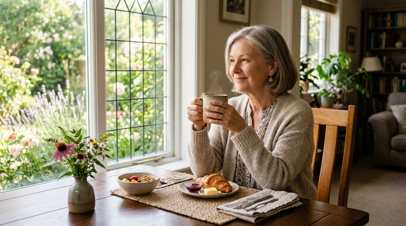 Linda sitting peacefully with coffee at a table for one.