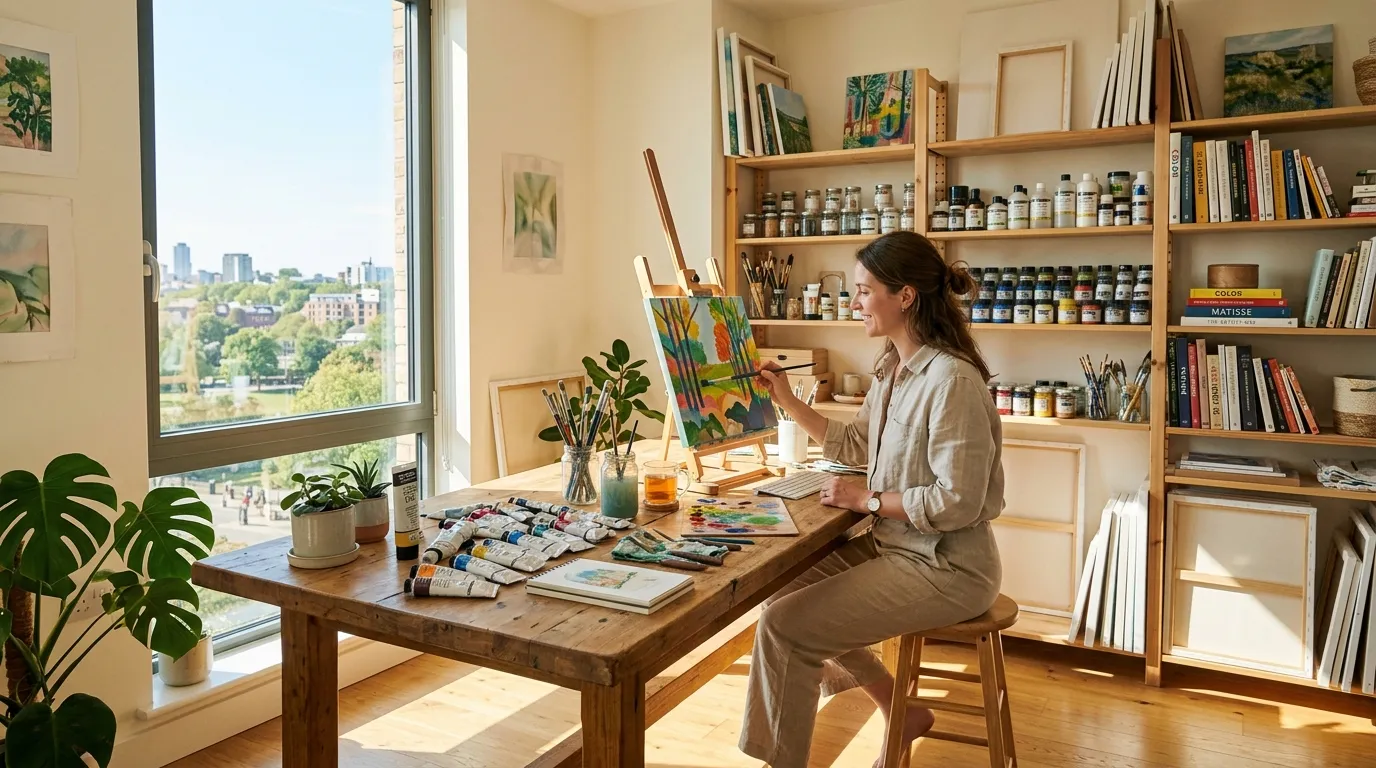 A bright and peaceful artist's studio inside a modern apartment