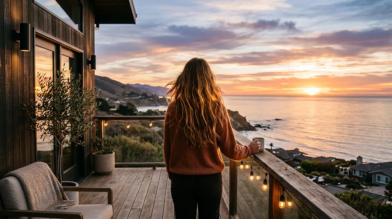 Woman looking out over the ocean from a sunlit balcony
