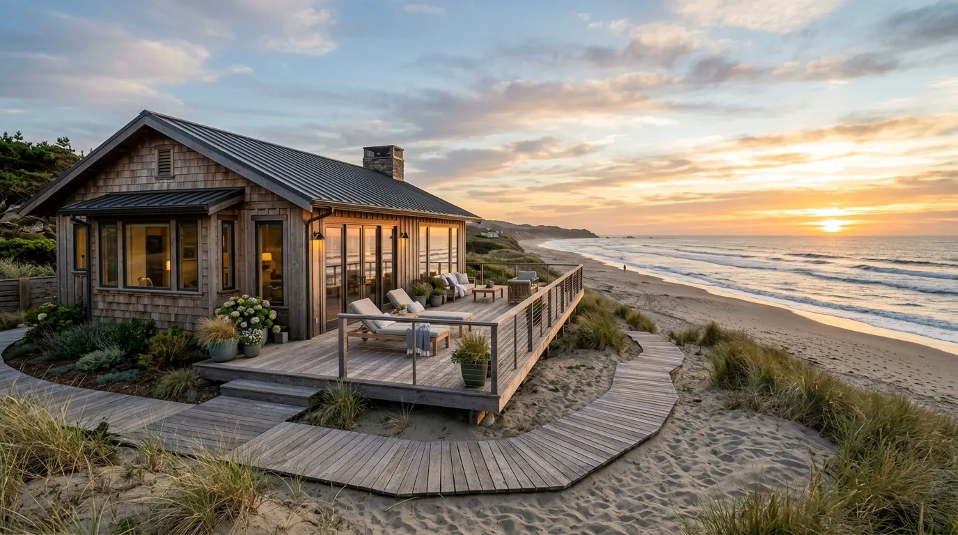 A beautiful, serene coastal beach house with a wooden deck