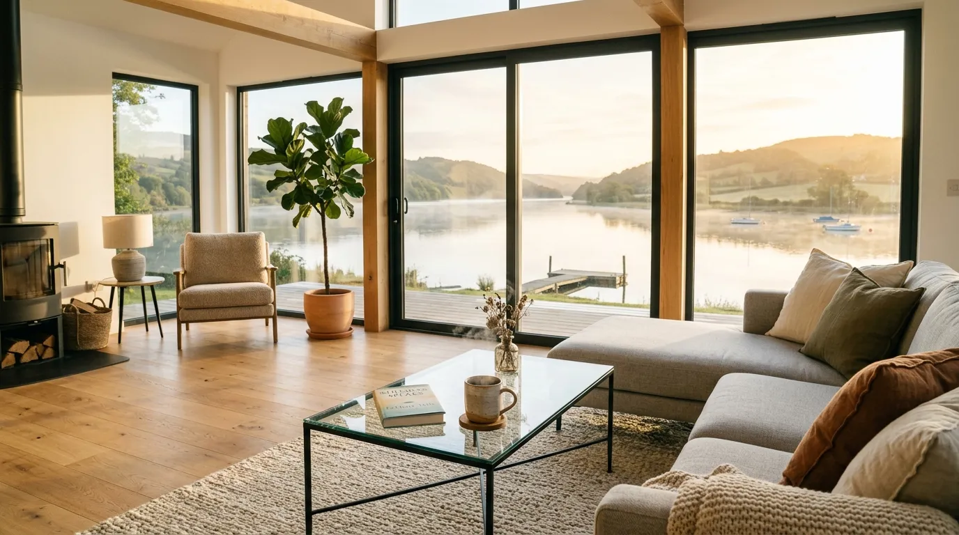 A bright modern condo living room overlooking a peaceful river