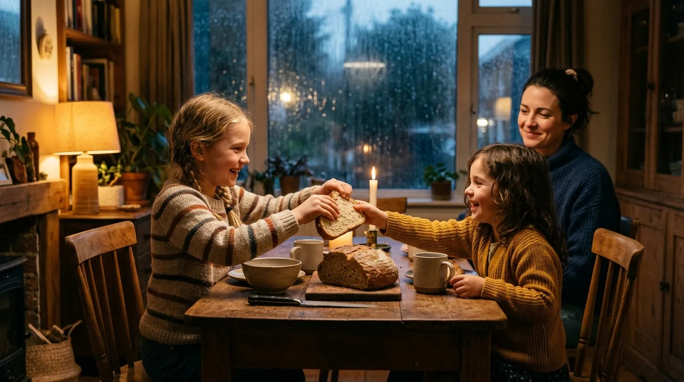 Two girls sharing bread at a warm wooden table with their smiling mother watching them